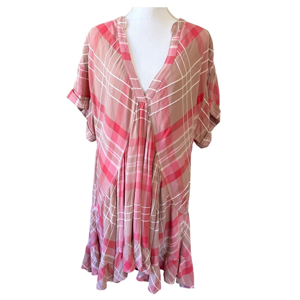 Free People Agnes Pink Tan Plaid Babydoll Mini Dress Sz Large Loose Boho Western